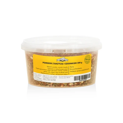 Pomidorai su baziliku ir česnaku (kibirėlis 200 g)